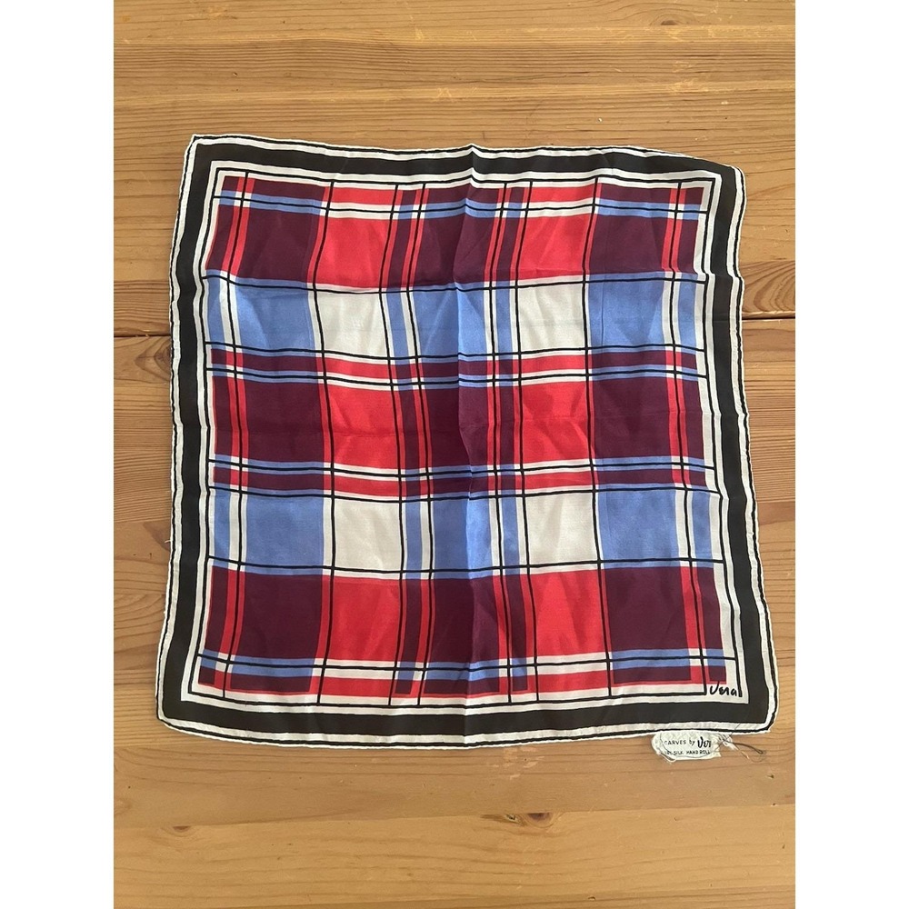 Vera Neumann Plaid Silk Scarf 16x15 Signed Hand Rolled Red Black Vintage